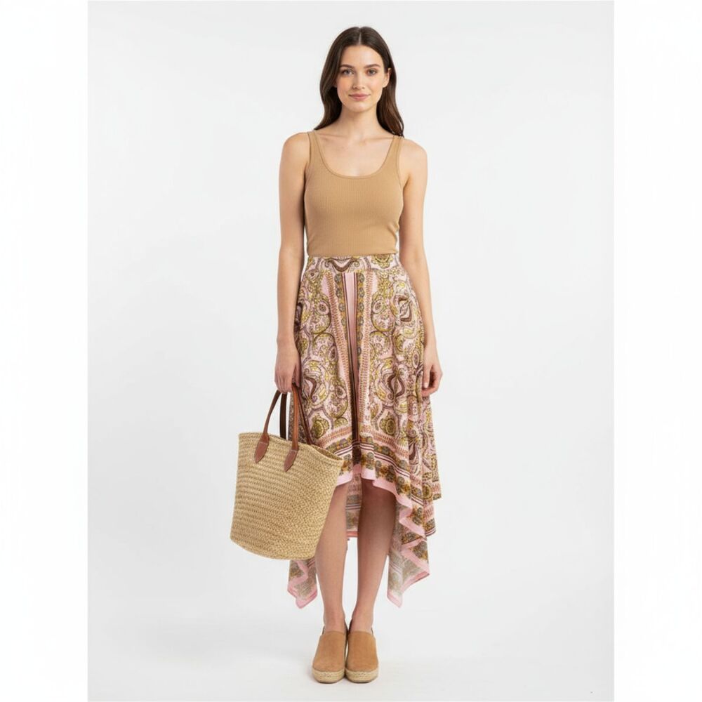 Venus Pink & Gold Print Asymmetric Hem Full A Line Skirt XS - Picture 7 of 7